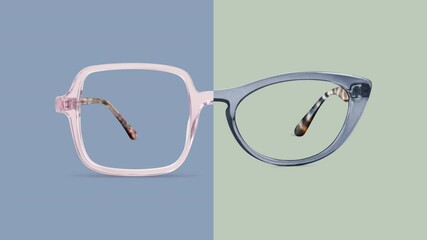 Colorful plastic glasses and metallic eyeglasses mix isolated on colored background, ideal stop motion for advertising display or a web banner