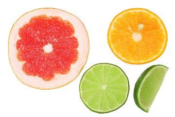 Grapefruit, orange and lime slices isolated on white background, top view