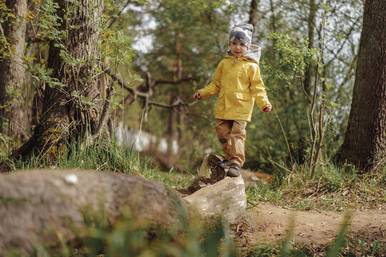 little caucasian 4 years old boy walking on the log over the stream in forest.  Image with selective focus