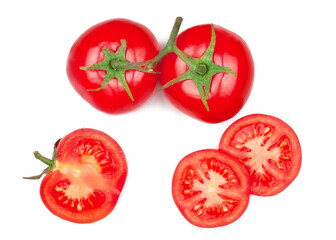 Tomato and tomato slices isolated on a white background, top view