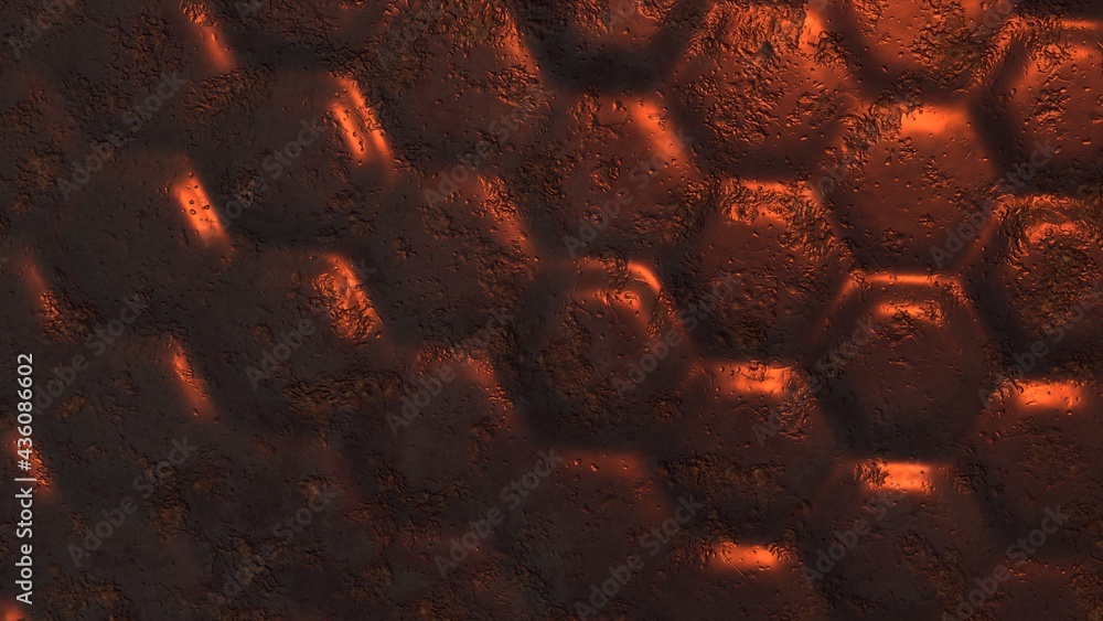 Poster desktop wallpapers in the form of dark red metal volumetric hexagons with elements of rust, cracks a