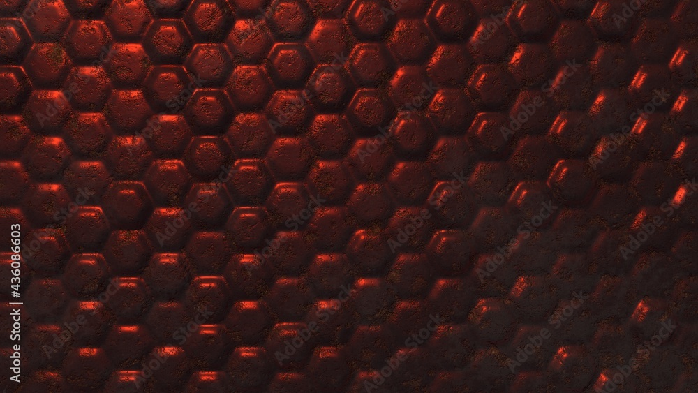 Aufkleber desktop wallpapers in the form of dark red metal volumetric hexagons with elements of rust, cracks a