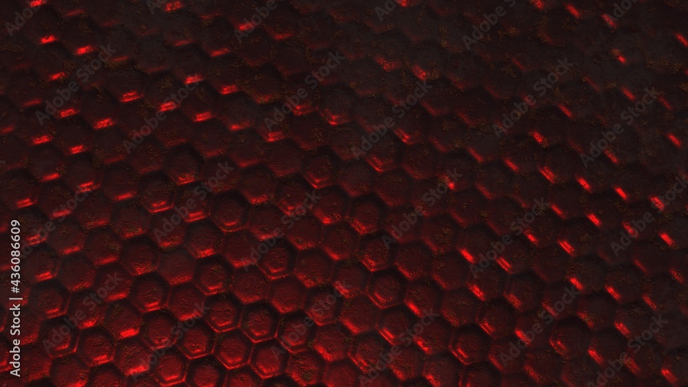 Aufkleber desktop wallpapers in the form of dark red metal volumetric hexagons with elements of rust, cracks a