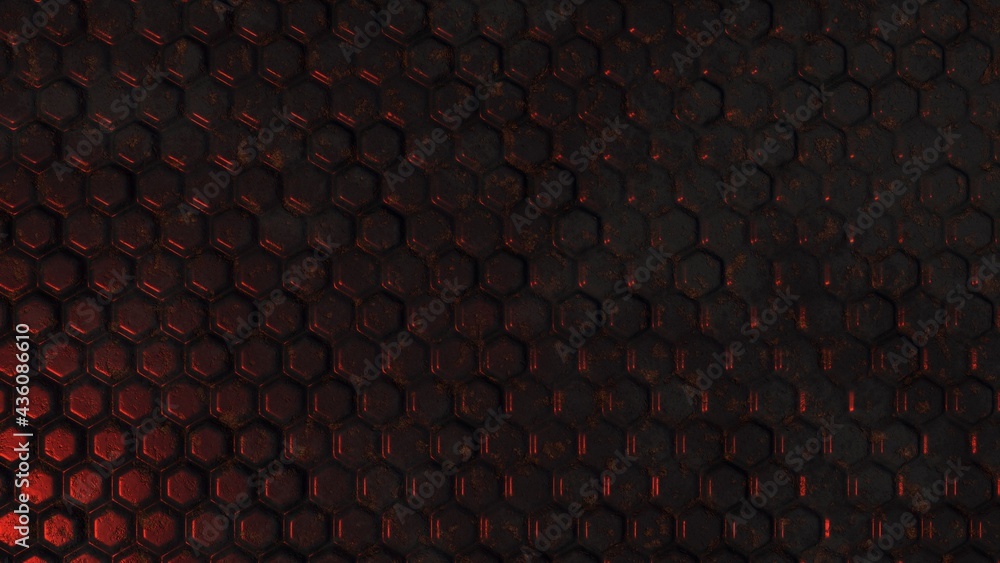 Poster desktop wallpapers in the form of dark red metal volumetric hexagons with elements of rust, cracks a