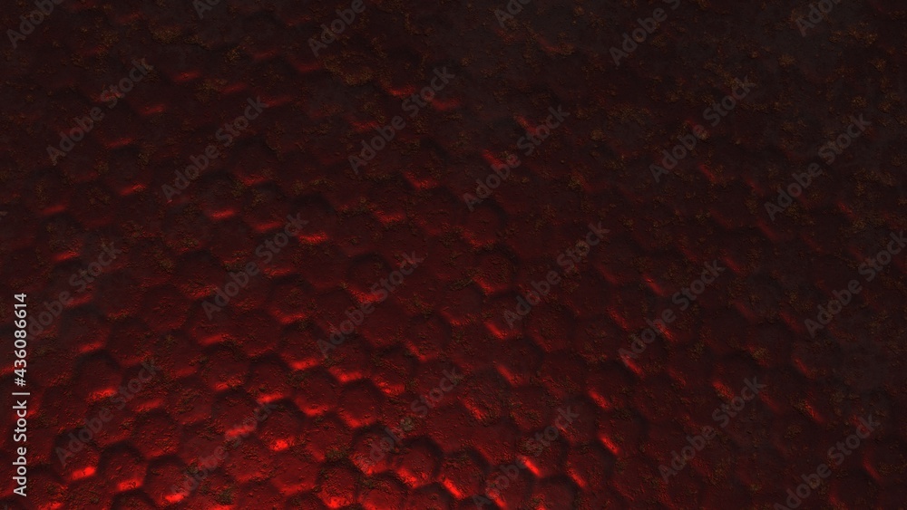 Aufkleber desktop wallpapers in the form of dark red metal volumetric hexagons with elements of rust, cracks a