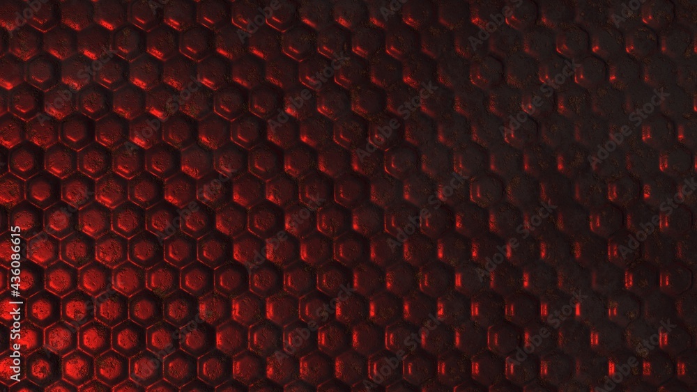 Poster desktop wallpapers in the form of dark red metal volumetric hexagons with elements of rust, cracks a