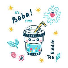Doodle Cute Bubble Tea. Plastic Takeaway Cup kawaii character. Summer Pearl Milk Beverage and Fruits, Leaves, splash of milk. Boba tea Drink with Tapioca. Vector Menu Poster
