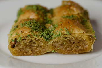 Traditional Middle Eastern Flavors. The local name of Baklava is Fıstıklı Baklava. Close up.
