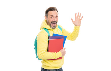 surprised man carry backpack hold notepad workbook for education isolated on white, back to school.