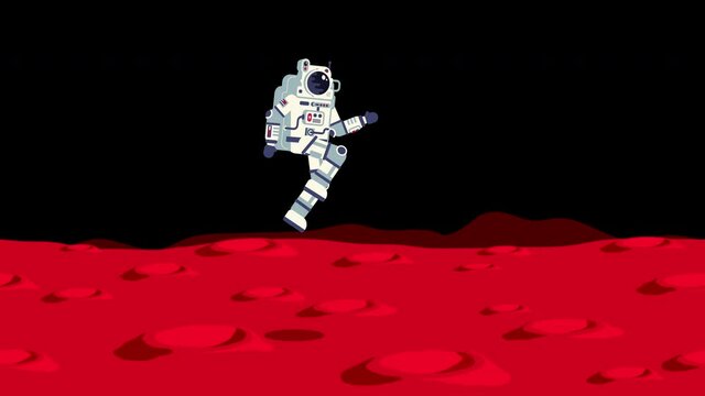 Spaceman in space suit on alien planet. Astronaut walk on Mars surface. Looped animation.