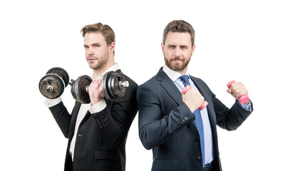 Fototapeta premium Strong and weak businessmen do dumbbell workout with hand weights, business competition