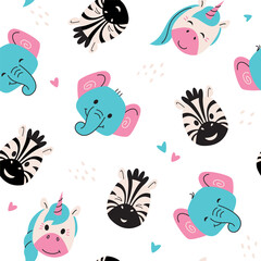 Seamless pattern with animal faces, hearts. Cute animal heads, hand drawn zoo animals portraits templates for kids vector illustration set. Simple muzzles of a unicorn, zebra, elephant.