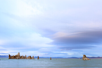 Fantastic colors over Mono Lake with lenticular clouds moving over it at a twilight