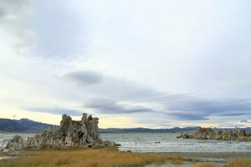 Fantastic colors over Mono Lake with lenticular clouds moving over it at a twilight