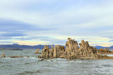 Fantastic colors over Mono Lake with lenticular clouds moving over it at a twilight