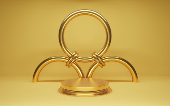 Minimal schene with gold podium and ring. 3d rendering