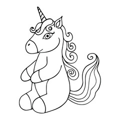 Cute sitting unicorn with curly mane coloring vector. Vector drawing isolated on white background.