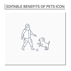 Pets benefits line icon. Puppy provide companionship. Man plays with dog.Animal caring concept. Isolated vector illustration.Editable stroke