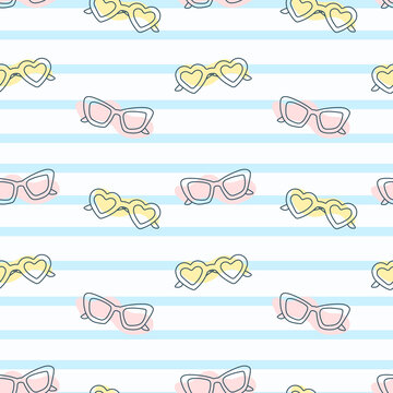 Background with horizontal lines or stripes and multicolored cartoon sunglasses. Simple vector seamless summer pattern.