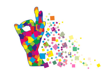 Obraz na płótnie Canvas A multicolored collage of human hand with the OK, OK gesture. Abstract image of different squares folding into hand. Decorative vector illustration isolated on a white background. Motivation poster.