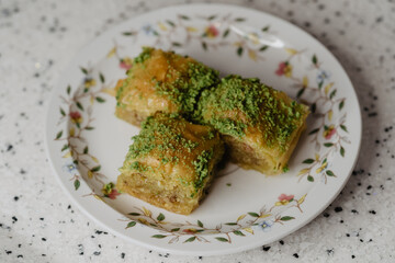 Traditional Middle Eastern Flavors. The local name of Baklava is Fıstıklı Baklava. Close up.