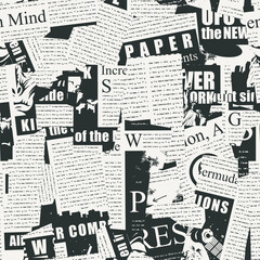 Abstract seamless pattern with a collage of newspaper clippings. Black and white background with unreadable text, titles and illustrations. Wallpaper, wrapping paper or fabric in retro style