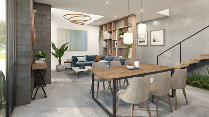 Comedor con cuatro sillas y sala de un departamento, 3d render