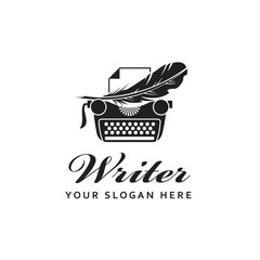 writer badge with typewriter and pen feather isolated on white background