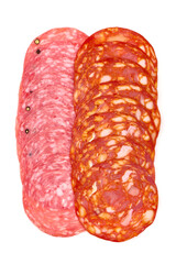 Spanish chorizo and salchichon sausage, isolated on white background. High resolution image.