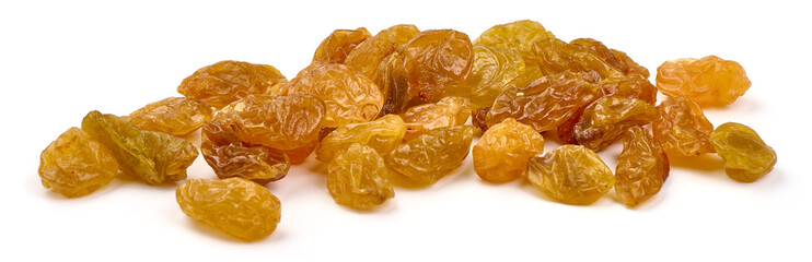 Yellow golden raisins isolated on white background