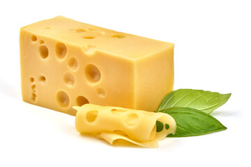 Swiss cheese, isolated on white background. High resolution image. - obrazy, fototapety, plakaty