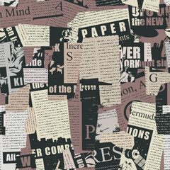 Abstract seamless pattern with a chaotic collage of colored magazine and newspaper clippings. Vector background with black illegible text, titles and illustrations. Wallpaper, wrapping paper, fabric