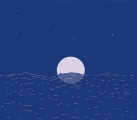Illustration de la lune le soir. Ciel la nuit avec étoiles. Lune et étoiles. Mer, lune et étoile. Cosmos et firmament. Décoration pour chambre d'enfant. Livre d'édition pour enfant.