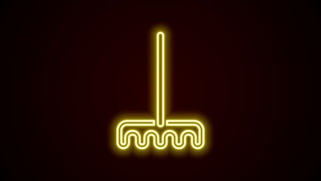 Glowing neon line Garden rake icon isolated on black background. Tool for horticulture, agriculture, farming. Ground cultivator. Housekeeping equipment. 4K Video motion graphic animation