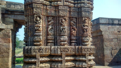 The beautiful sculptures of Konark sun temple  craved on stone built during 13th century,  situated at Konark, Odisha, India