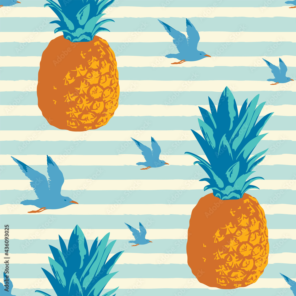 Poster decorative seamless pattern with flying seagulls and pineapples on a striped backdrop in retro style