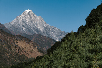 Montanas de Himalayas con nieve entre bosque y rio
