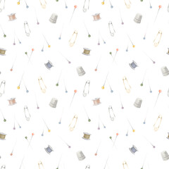 Watercolor Sewing seamless (repeat) pattern with needles, pins and bright buttons.