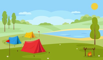 Summer Camping landscape. Countryside nature.