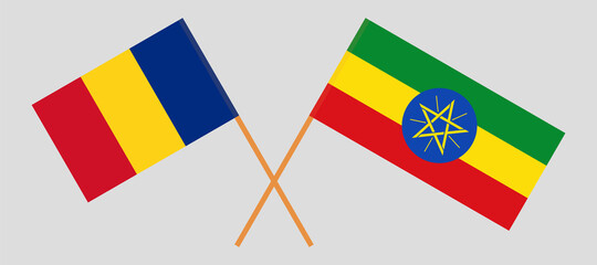 Crossed flags of Romania and Ethiopia. Official colors. Correct proportion