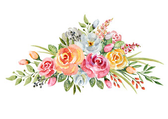 Obraz na płótnie Canvas Illustration Isolate Watercolor Flowers Roses Leaves Branches Buds Wedding Decoration Bouquet 18