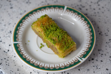 Traditional Middle Eastern Flavors. The local name of Baklava is Fıstıklı Baklava. Close up.
