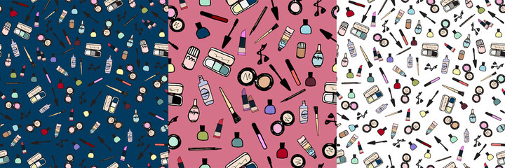 Set of 3 hand drawn cosmetics and makeup seamless pattern.