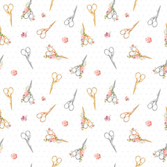 Watercolor sewing seamless pattern with scissors decorated with flowers.