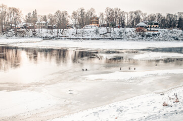 Fototapeta premium River Venta in spring day, Kuldiga, Latvia.