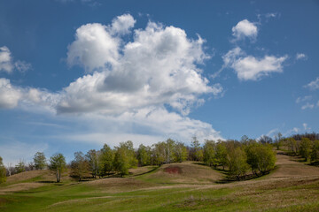 Hilly area with trees growing on it. Most of the frame is taken by the sky with beautiful clouds.