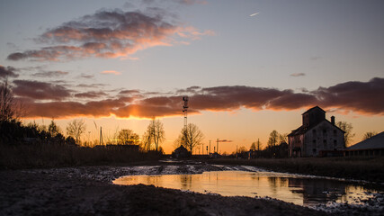 Late evening with silhouettes and water, Skrunda, Latvia.