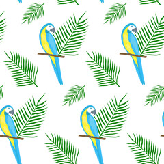 Seamless tropical pattern. Parrots and palm leaves.