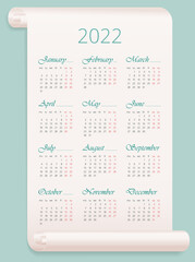 2022 calendar in English. 12 months on parchment. Stock vector template, vertical
