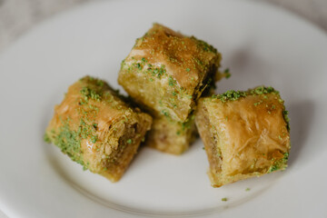 Traditional Middle Eastern Flavors. The local name of Baklava is Fıstıklı Baklava. Close up.